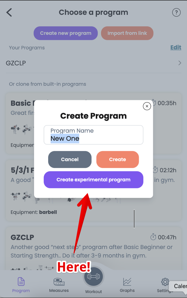 Liftosaur screen to create new experimental program