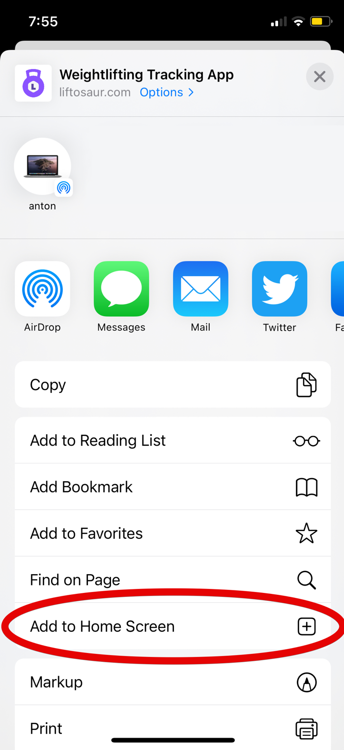 Share screen with 'Add to Home Screen' option highlighted