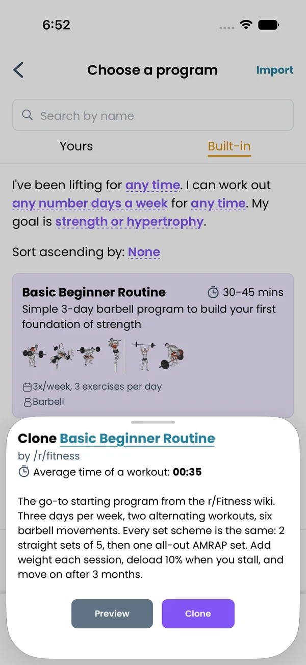 The program info sheet with the average workout time