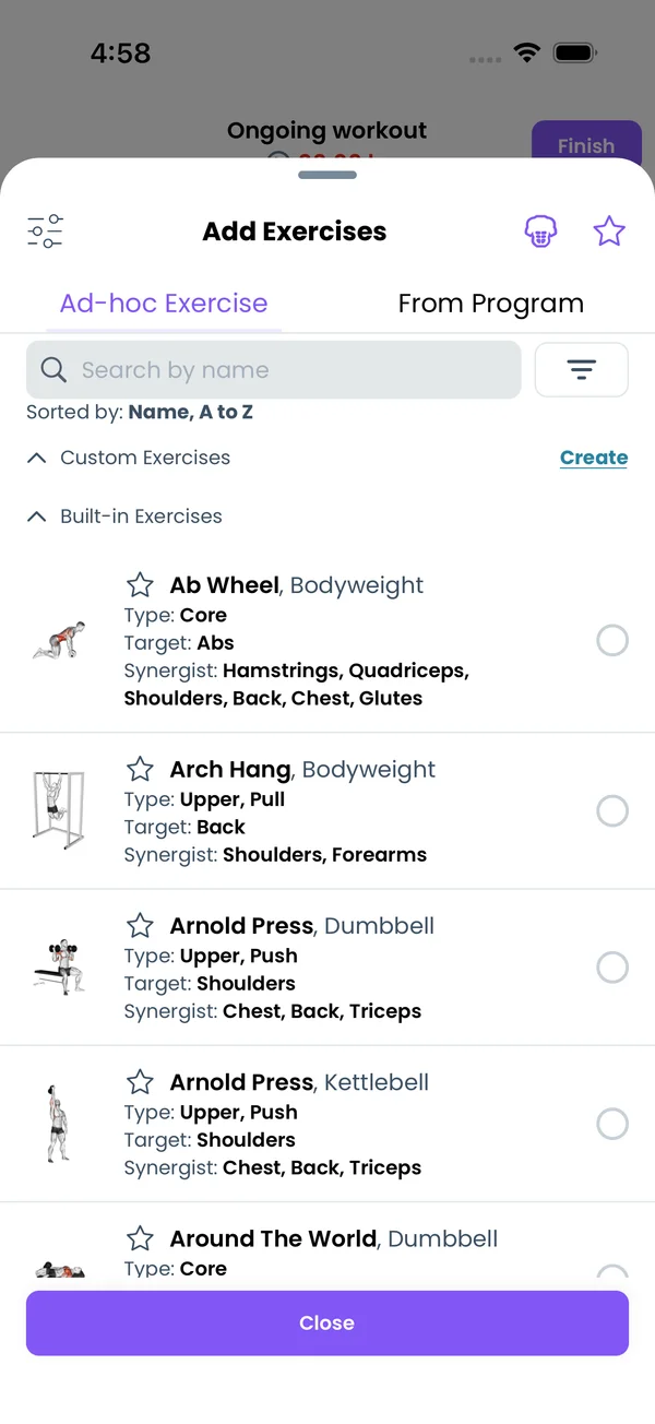 The picker opens right away for an ad-hoc workout