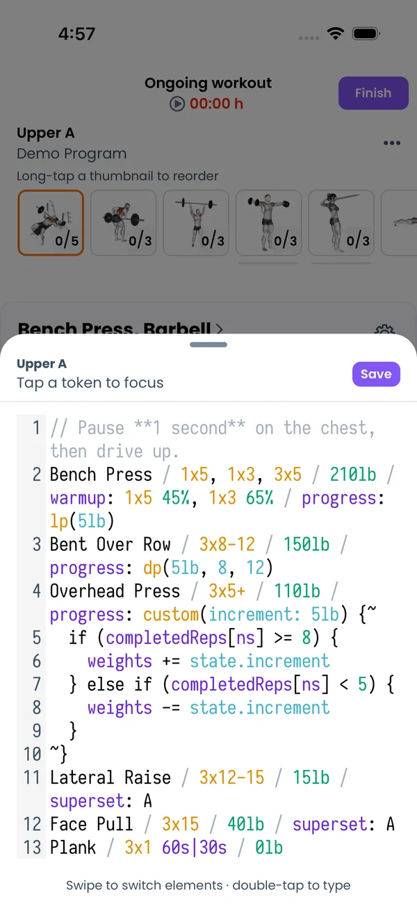 The day editor opened from the workout