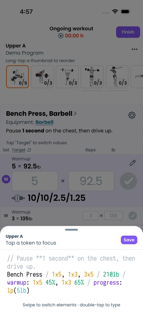 The exercise editor opened from the workout