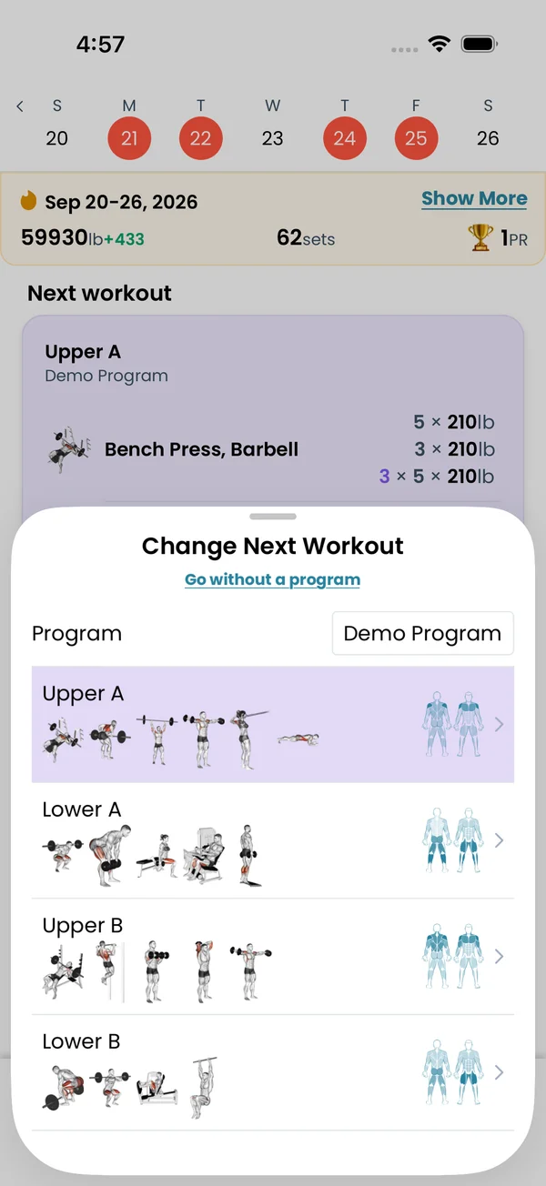 The Change Next Workout picker listing every day