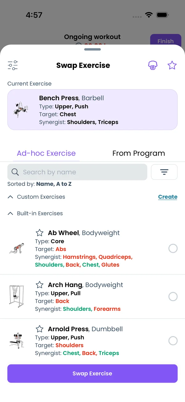 The Swap Exercise picker on the Ad-hoc Exercise tab