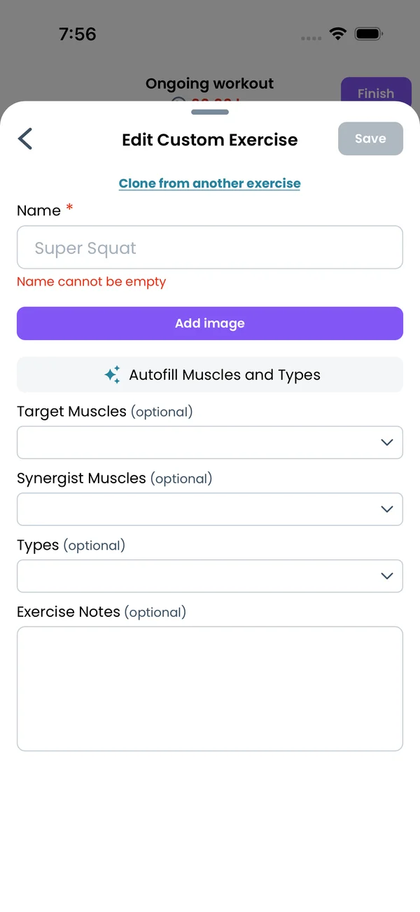 The empty custom exercise form