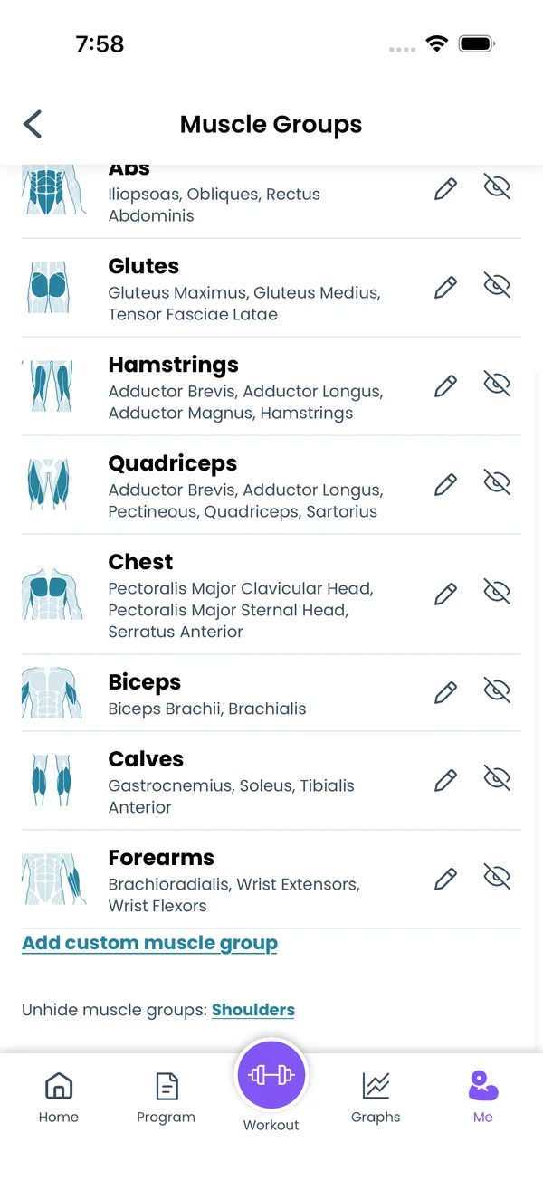 The Muscle Groups screen with Shoulders hidden and the Unhide link