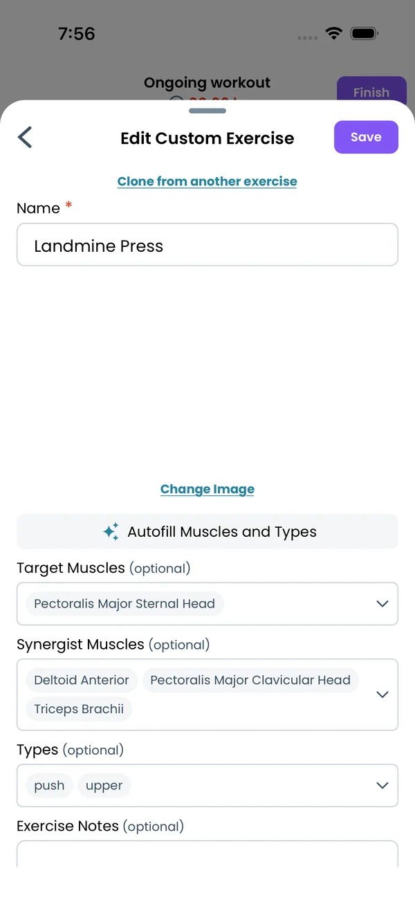 The Target Muscles sheet, grouped by muscle group