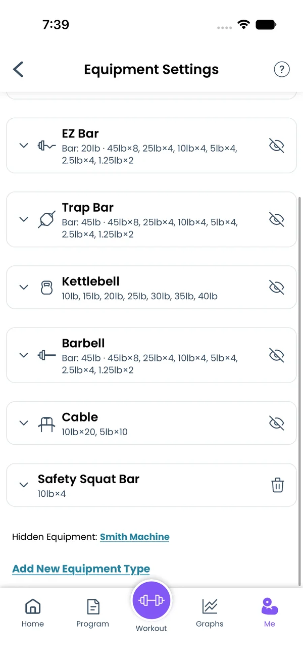 Custom equipment row and the Add New Equipment Type link