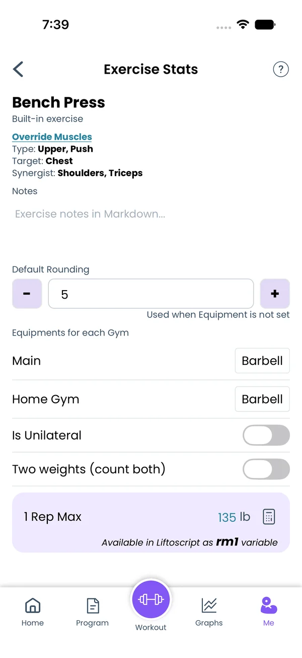 Exercise settings with equipment per gym