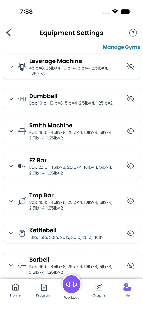Equipment Settings screen