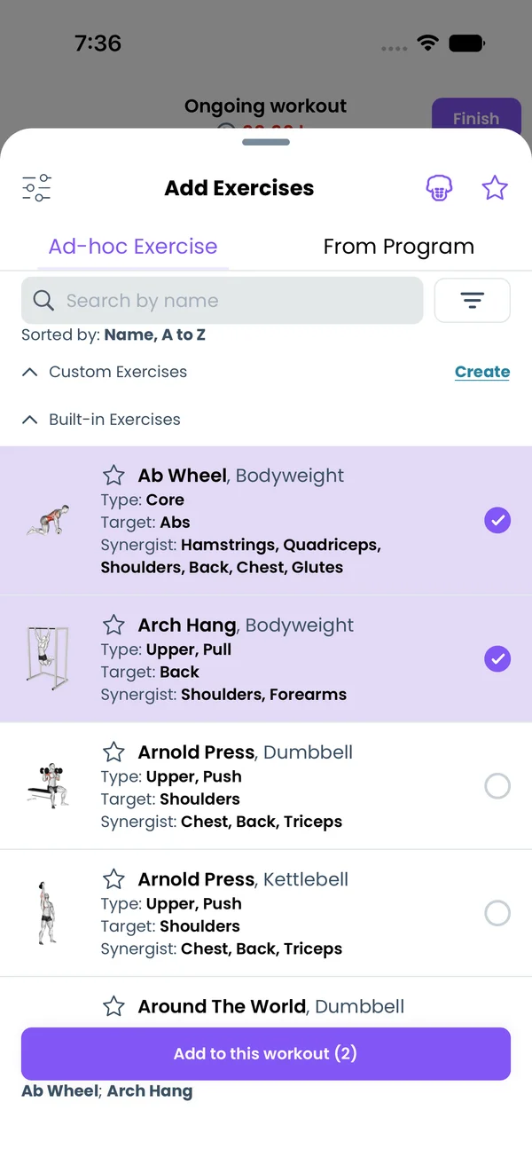 Two exercises selected, Add to this workout (2)