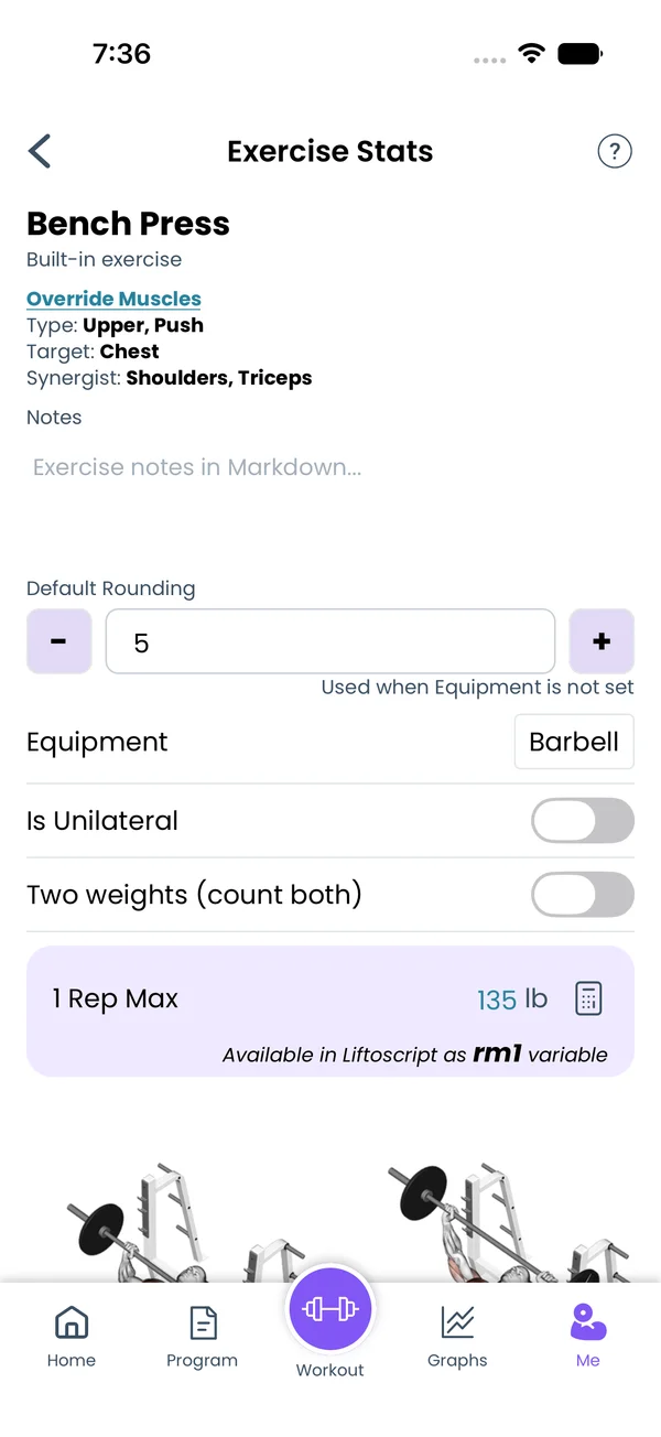 The Exercise Stats screen for Bench Press