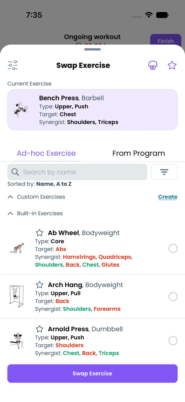 The Swap Exercise picker with the current exercise on top