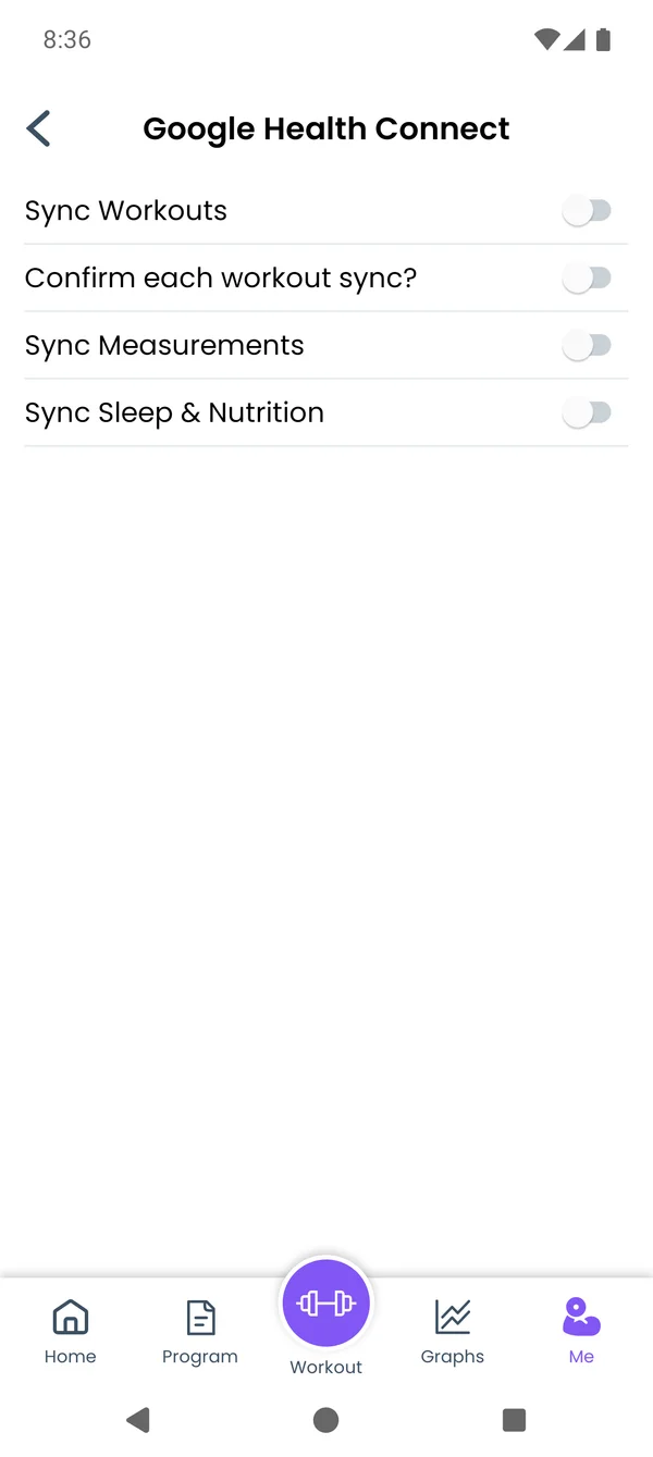 The Health Connect settings screen on Android