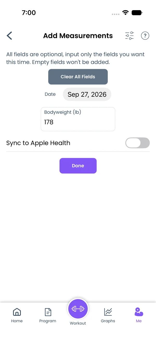 The Sync to Apple Health toggle on the add measurements screen