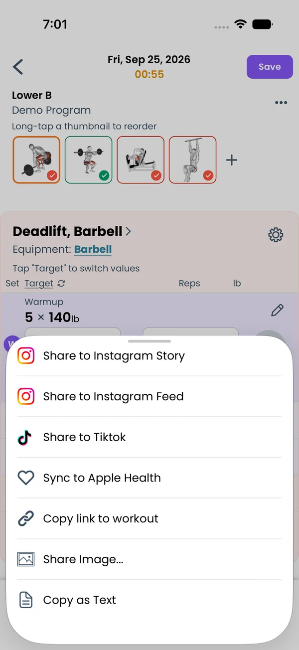 The share sheet of a past workout with Sync to Apple Health