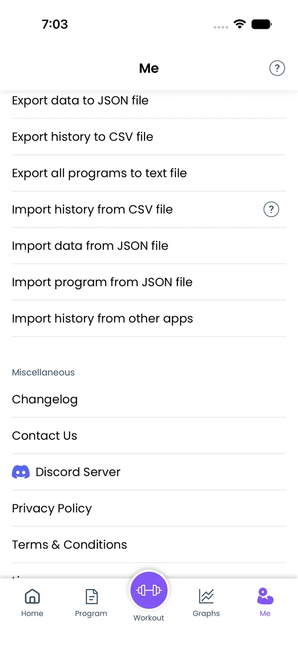 The import rows on the Me screen