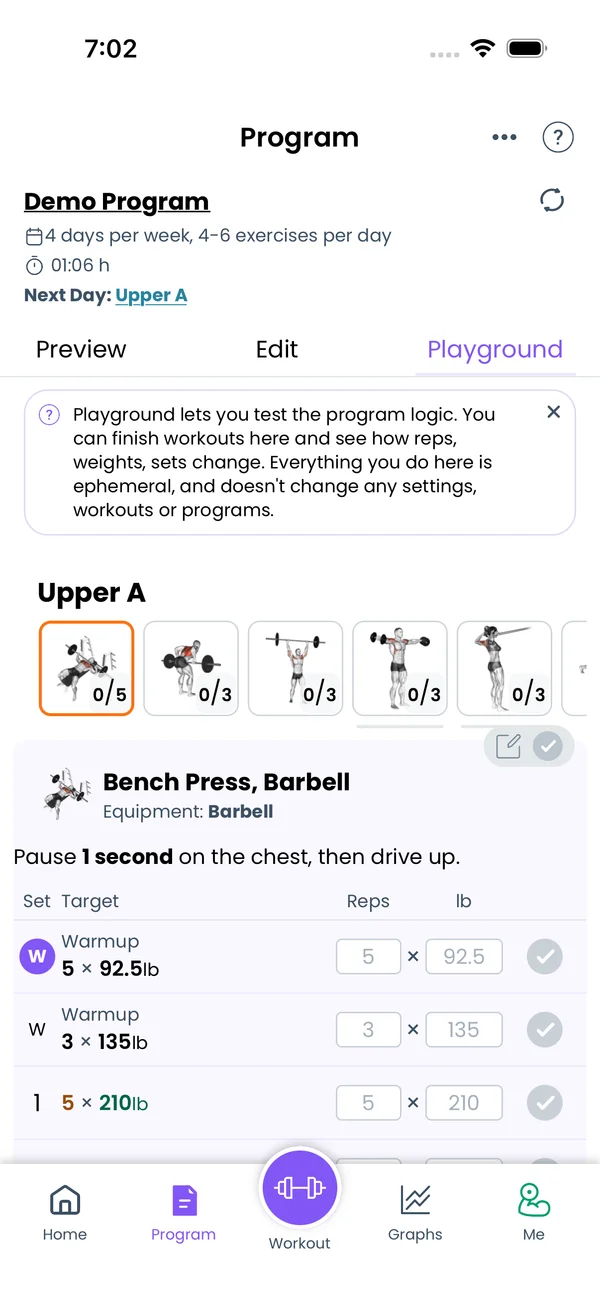 The Playground tab with a runnable workout