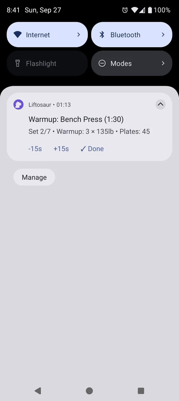 Live Update notification on Android with -15s, +15s and Done