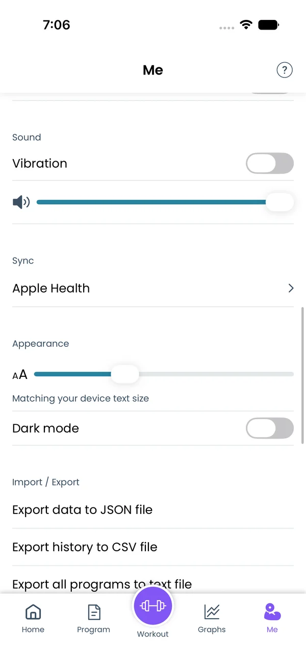 Sound section on the Me screen