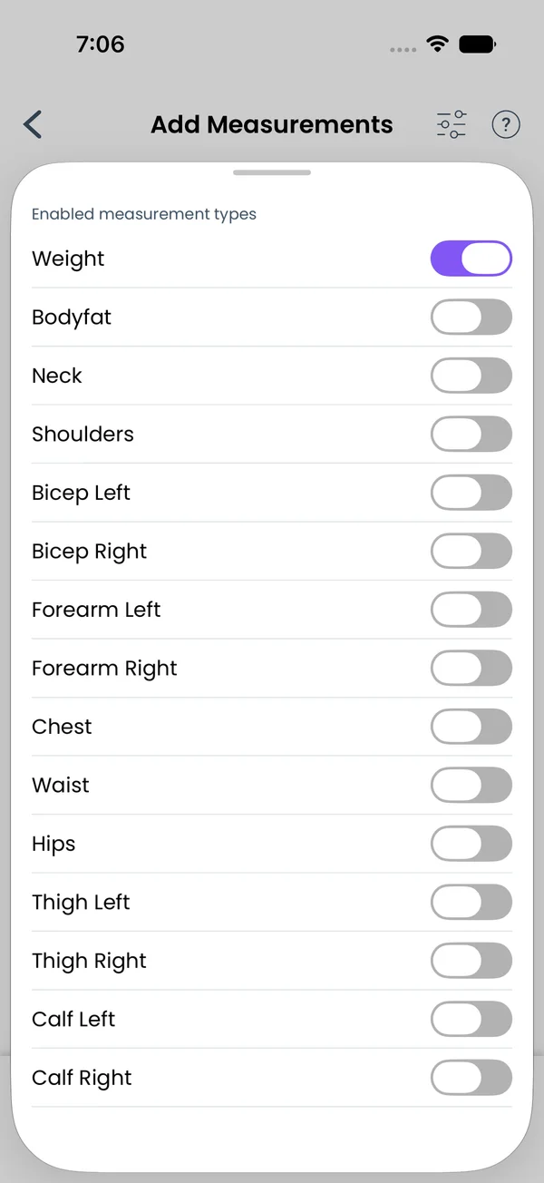 The Enabled measurement types sheet