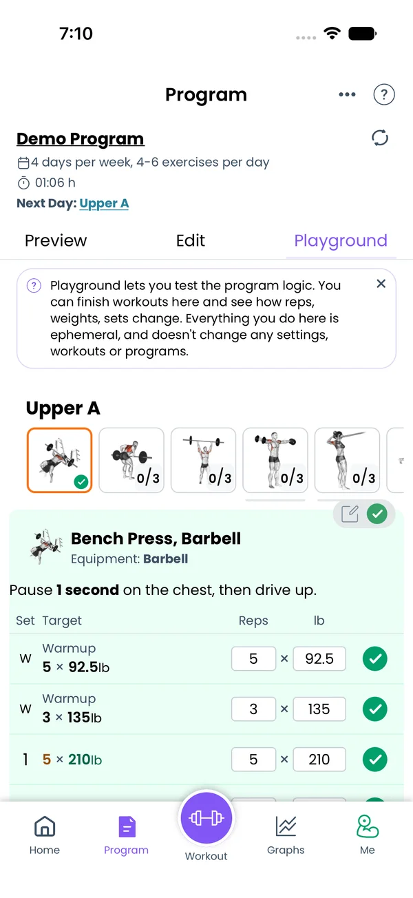 All Bench Press sets completed, with the coming weight change listed under the sets