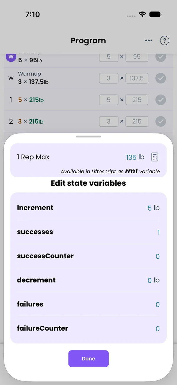 The 1 Rep Max and state variables editor for Bench Press