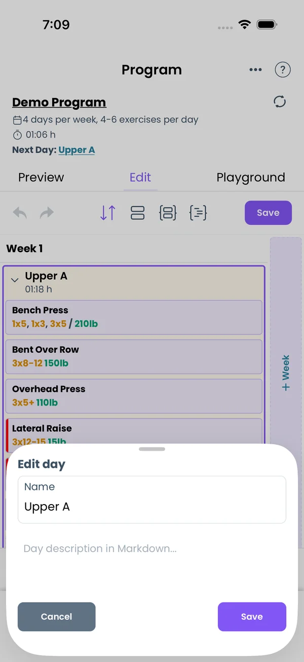 Edit day with a name and a Markdown description