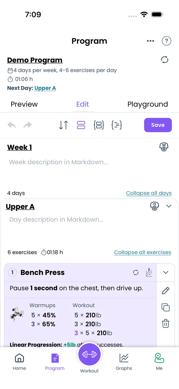 The per-day UI mode with exercise cards