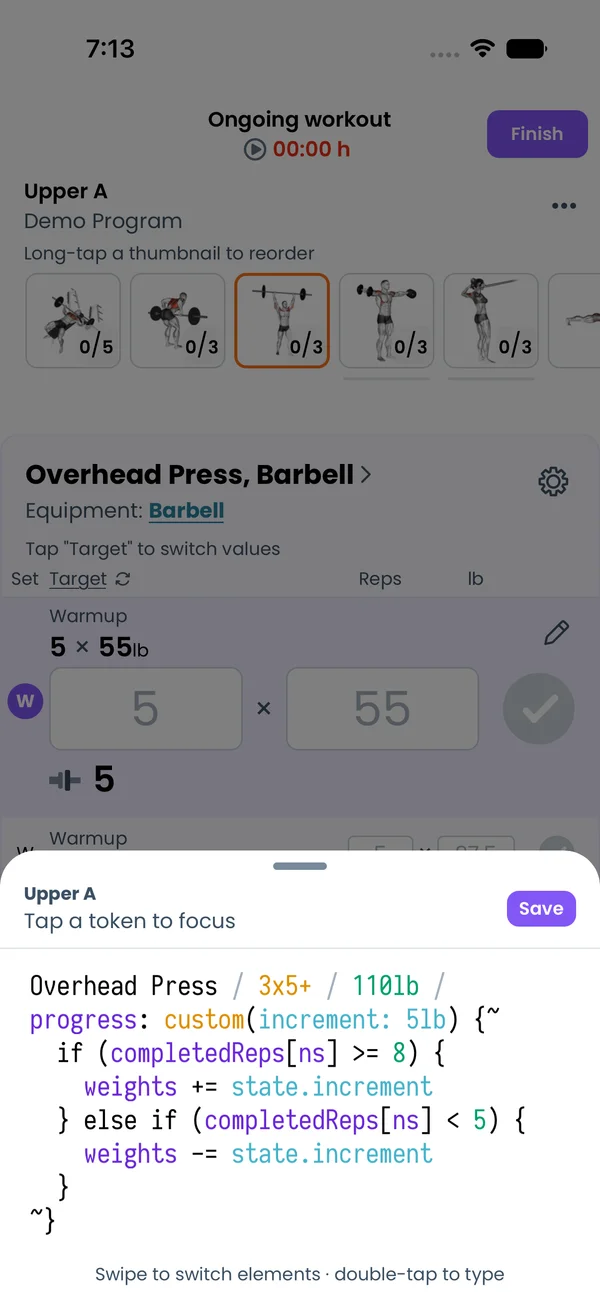 Overhead Press in the exercise editor with custom(increment: 5lb)