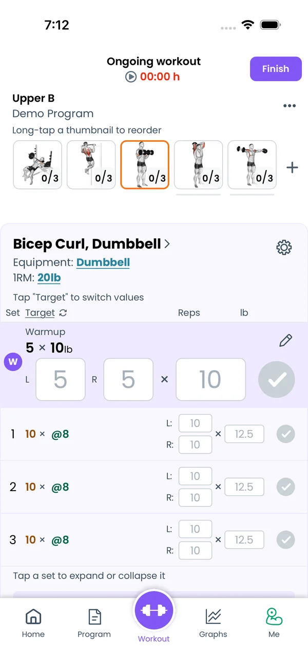 Left and right reps fields for Bicep Curl