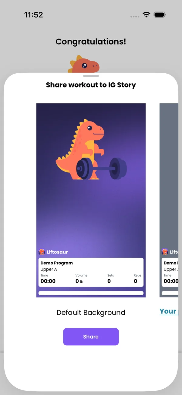 The Share workout to IG Story preview with the Default Background frame