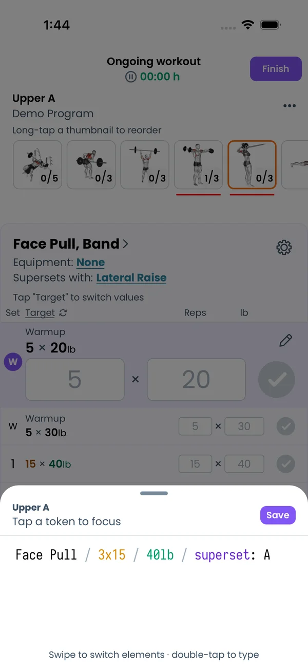 Lateral Raise in the exercise editor with superset: A on its line