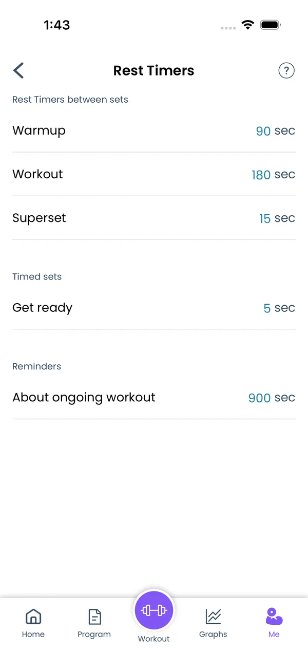 Me → Timers with the Superset timer set to 15 seconds