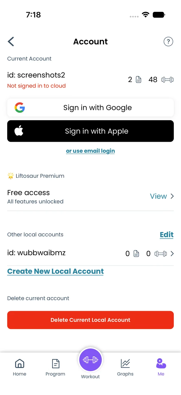 The Account screen with the sign-in buttons