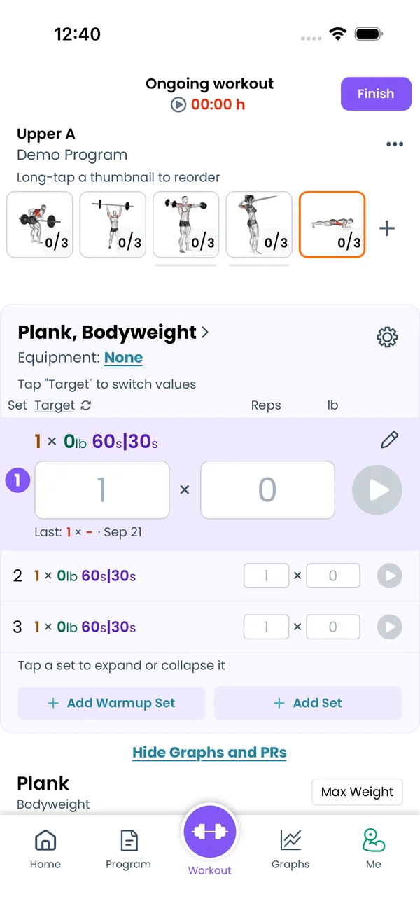 Plank with 60s|30s sets in the workout