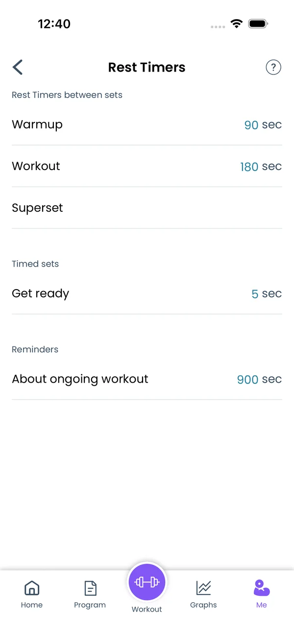 Me → Timers, the Get ready setting