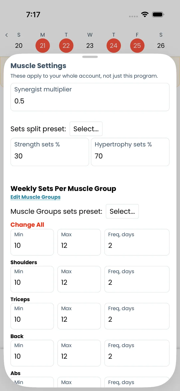 Muscle Settings, where the weekly set range and days per group are set