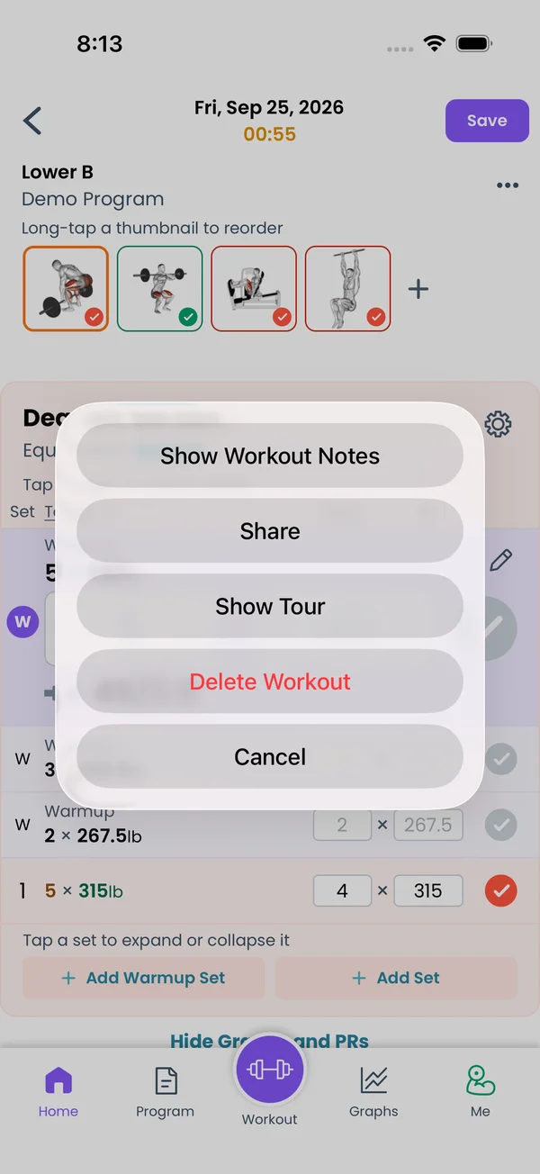 The kebab menu on a past workout