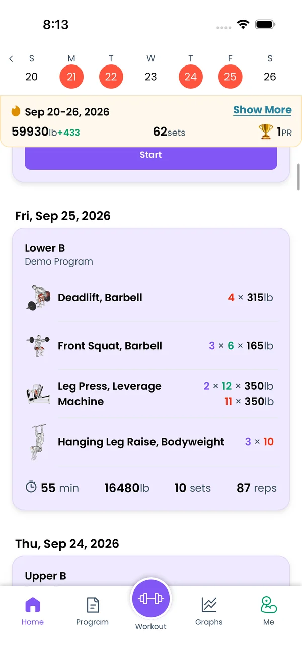 A finished workout card on the Home tab