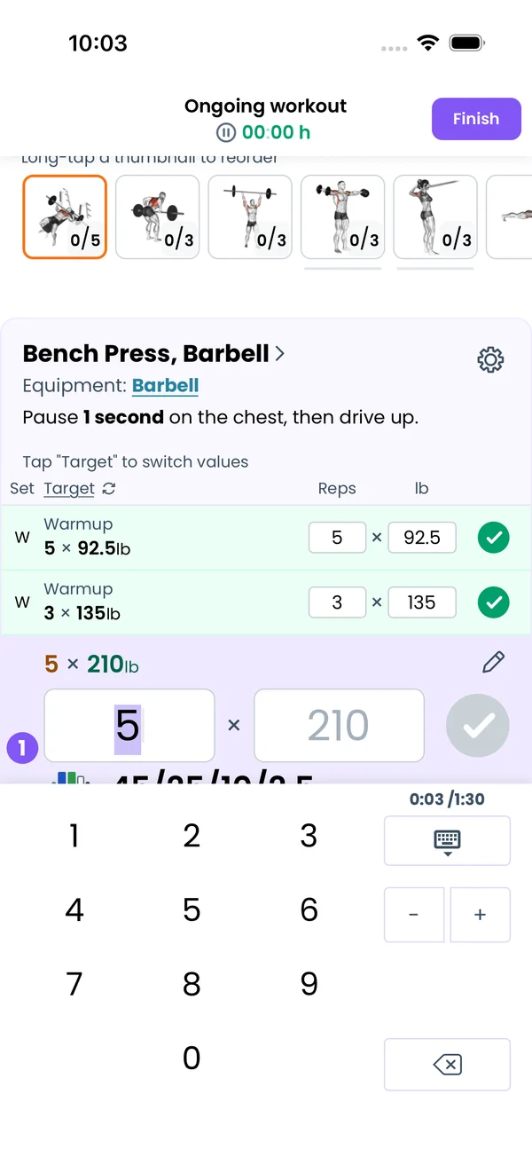 The keypad with + and - on the reps field